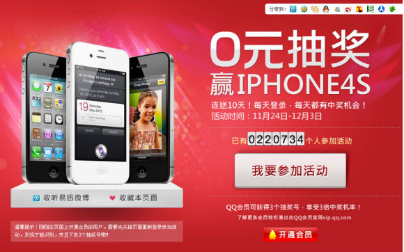 易迅网0元抽奖苹果iPhone4S活动你信木?_QQ